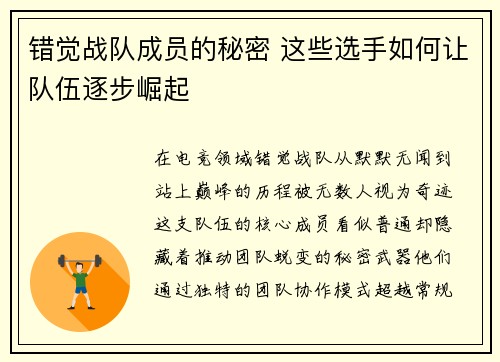 错觉战队成员的秘密 这些选手如何让队伍逐步崛起