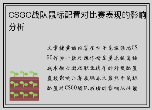 CSGO战队鼠标配置对比赛表现的影响分析